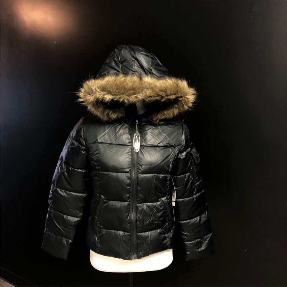 Pink platinum down coat jacket puffy fur hood Nwt black